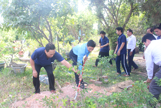 Ông Nguyễn Mạnh Hùng – Chủ tịch LĐLĐ tỉnh trồng cây tại Công ty TNHH MTV In Nhân dân Bình Định